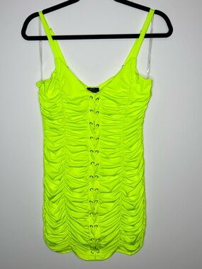 privy Neon Lime Ruched Lace-Up Mini Dress